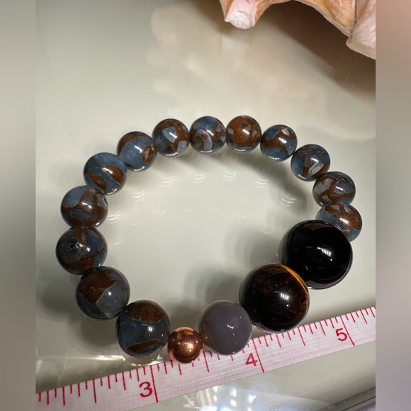 LAKE BLUE CLOISONNÉ JASPER + ONYX + TIGERS NATURAL STONES BRACELET size 7.5” - Picture 7 of 8
